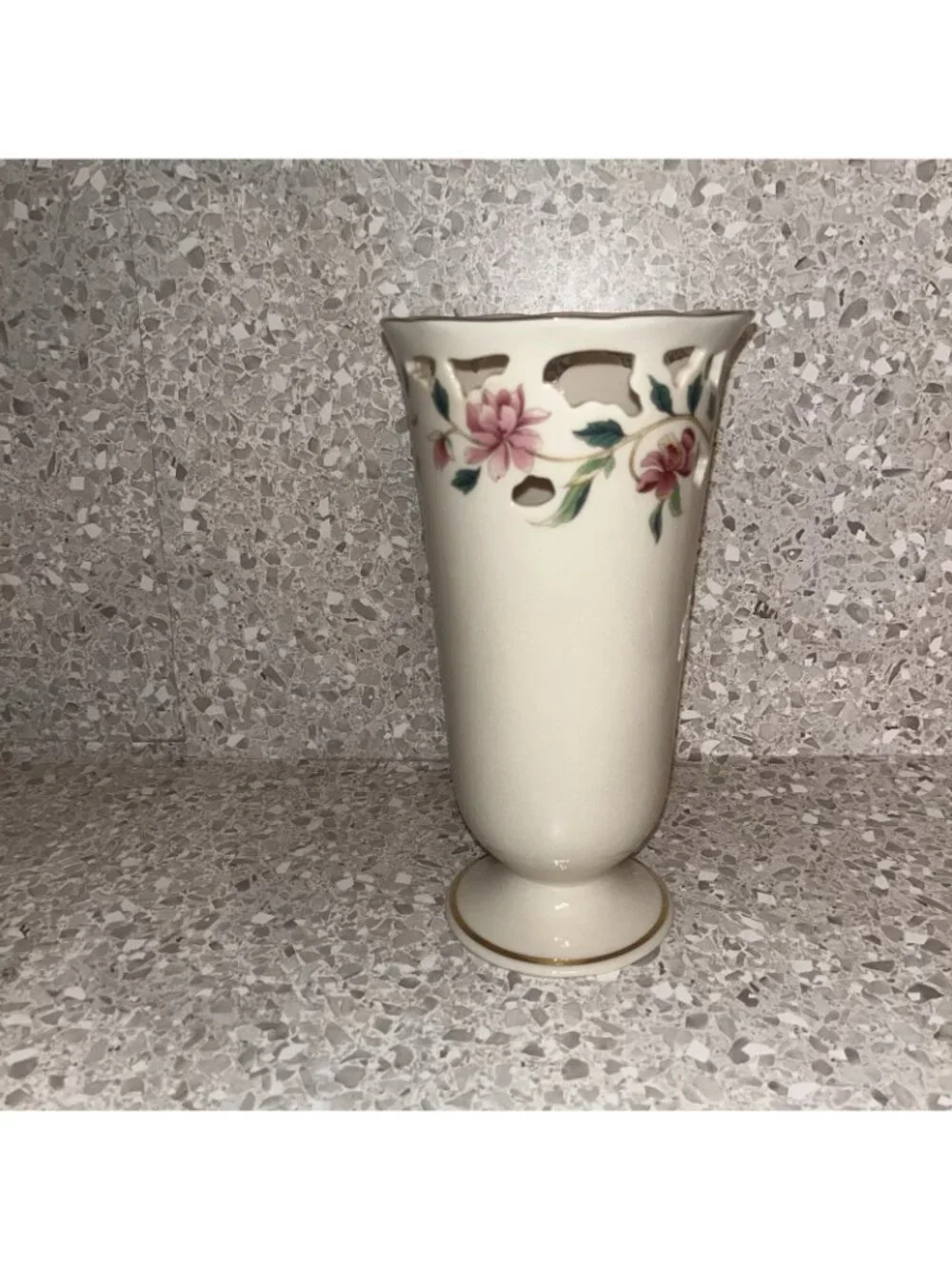 Lenox Barrington Collection Vase Ivory Pink Floral Pierced Lattice Gold Trim